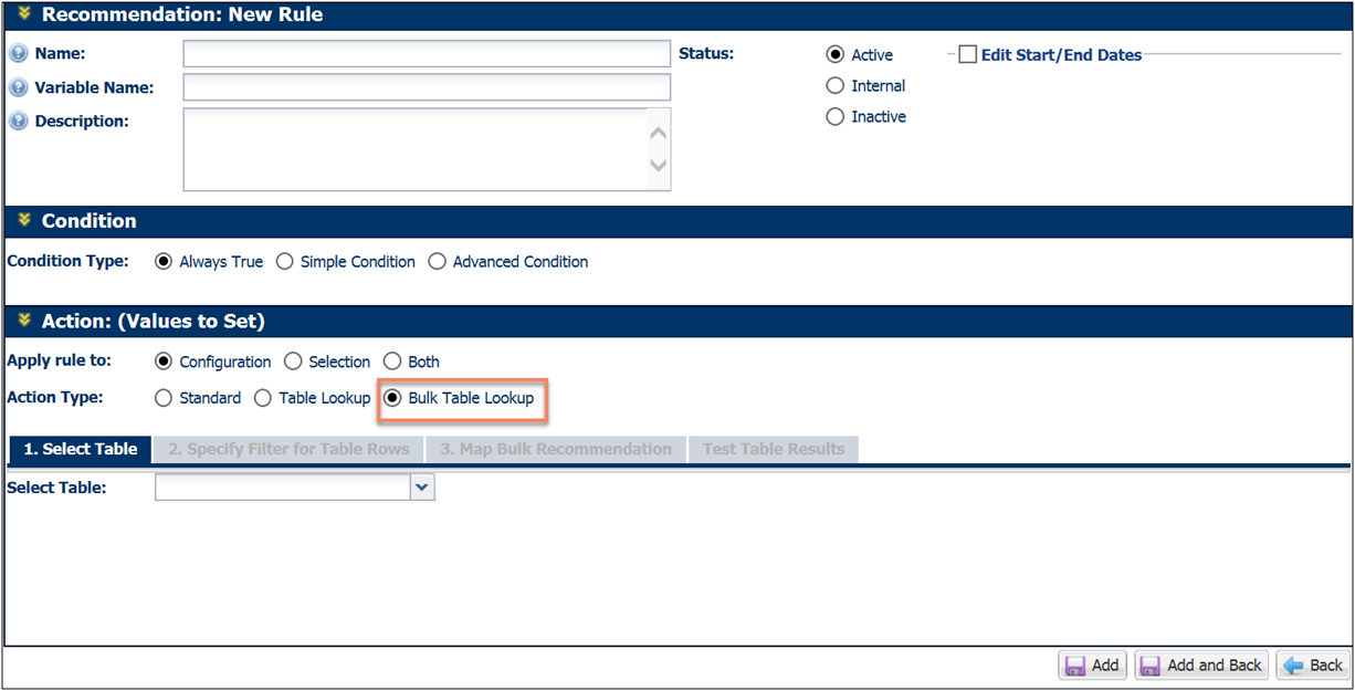 Recommendation rule select "Bulk Table Lookup" Action Type