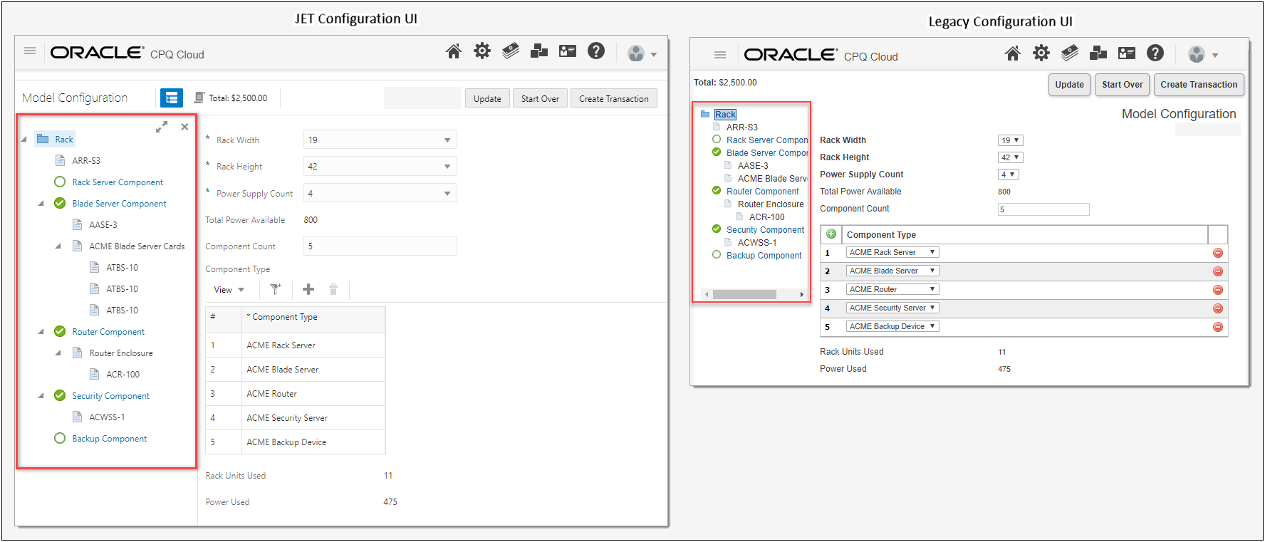 JET and Legacy system configuration with five models