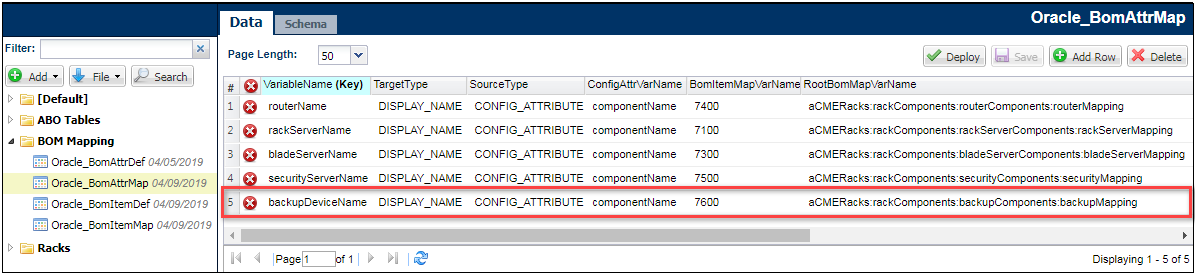 Backup Device entry in the BOM Attribute Map table