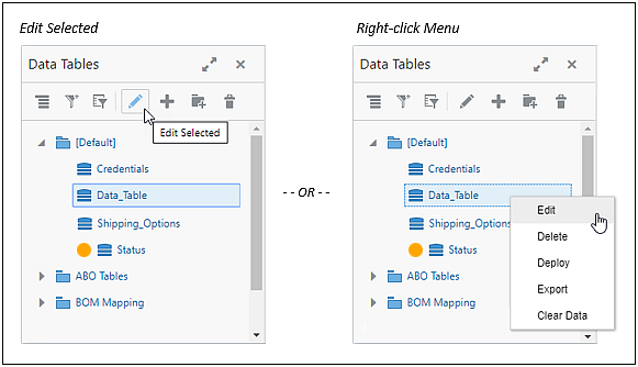 Edit data table using the toolbar Edit or by selecting Edit from the data table drop-down menu