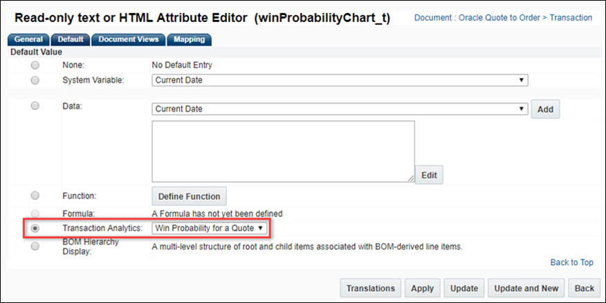  Commerce HTML attribute with a Win Probability analytic selected as the default value on the attribute Default tab