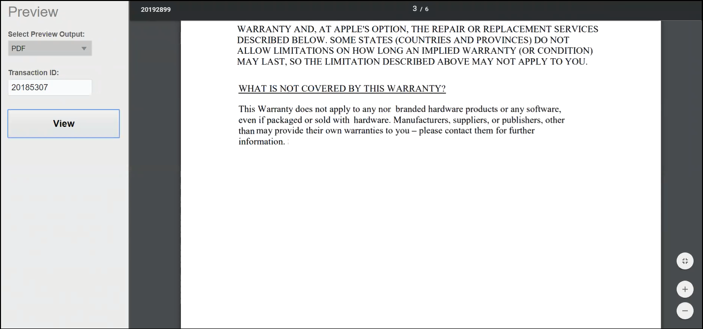 Sample Output File – Extended Warranty Document Embedded in Transaction