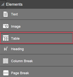 Table element in the Elements pane