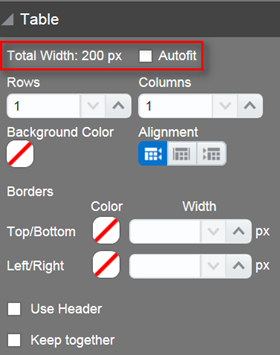 Total Width property and an Autofit property in the Table panel