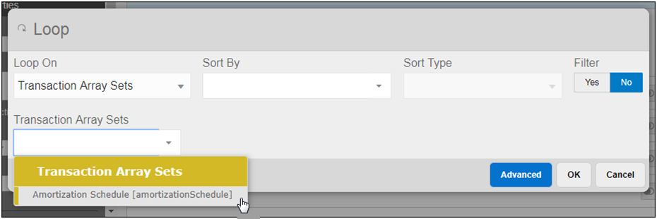 Select Transaction Array Sets from the Loop On drop-down