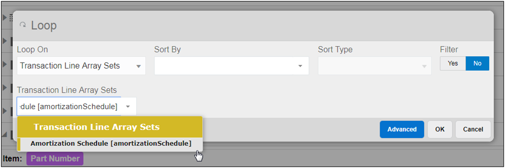 Select Transaction Line Array Sets from the Loop On drop-down