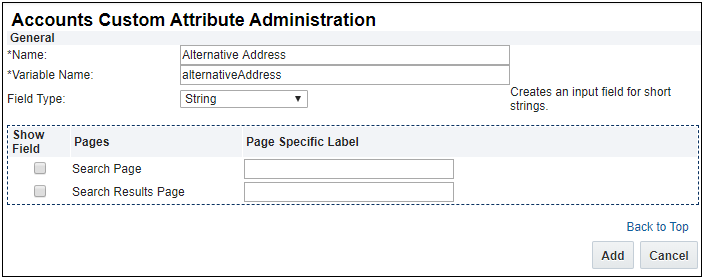 Accounts Custom Attribute Administration page