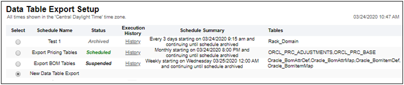 Data Table Export Scheduler Setup page