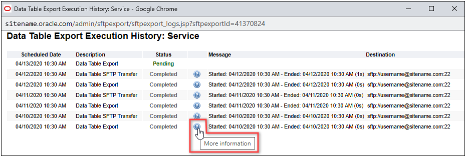 Data Table Export Execution History