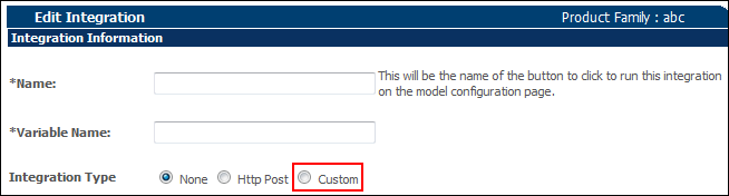 Edit Integration Page: Custom Integration Option