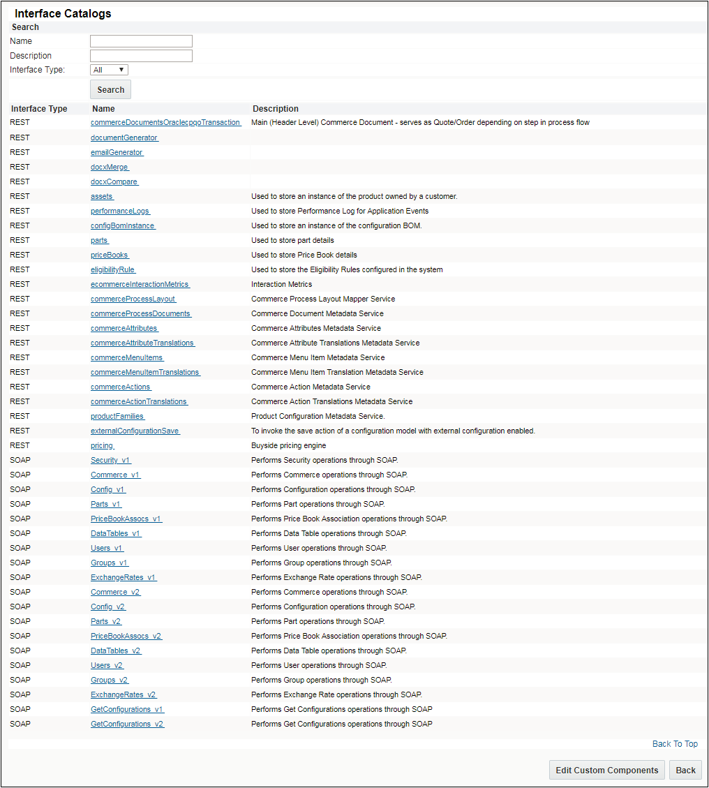 Interface Catalogs page