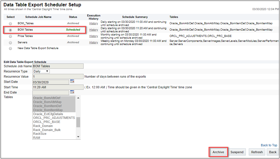 Data Table Export Scheduler Setup page