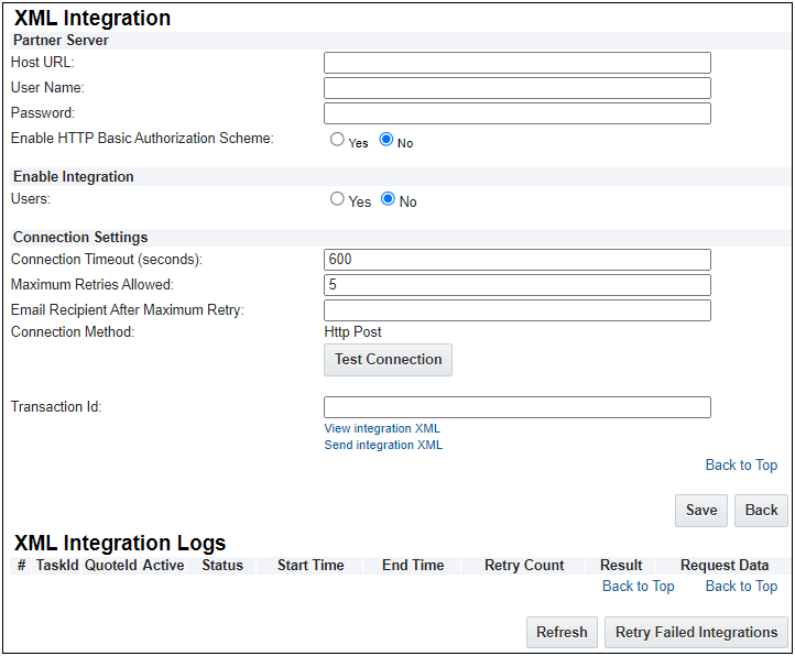 XML Integration Logs section