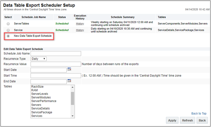 Data Table Export Scheduler Setup page