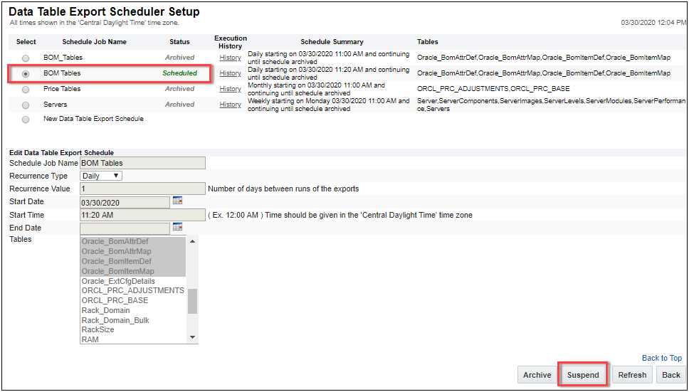 Data Table Export Scheduler Setup page