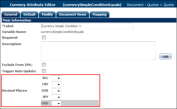 Currency Attribute Editor page