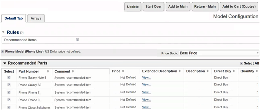 The sales user can add available parts to the Transaction. A red "X" displays next to unavailable parts.