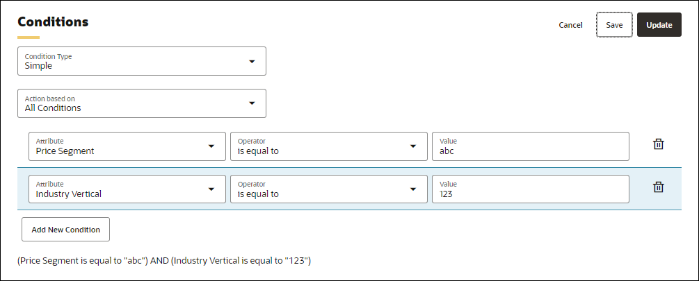 Edit pricing rule Simple Conditions