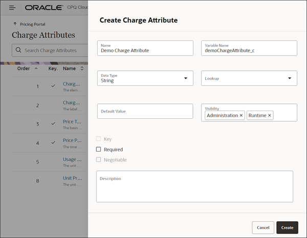 Create Charge Attribute panel