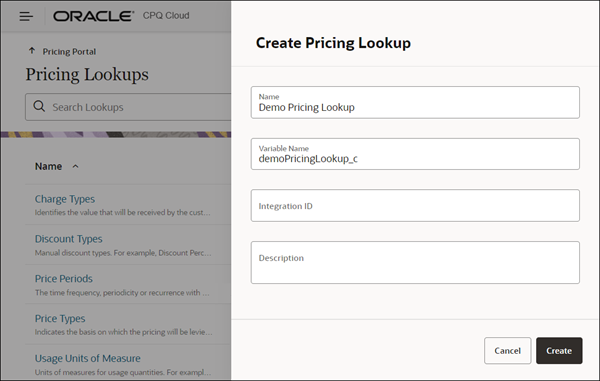 Create Pricing Lookup panel