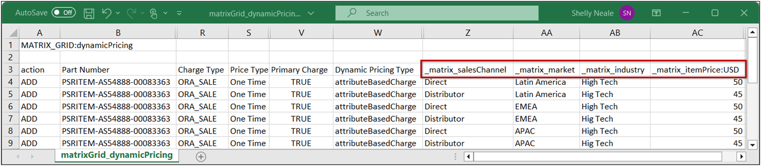 Pricing Matrix Excel File