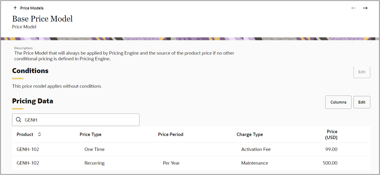 Price Model page with multiple charges