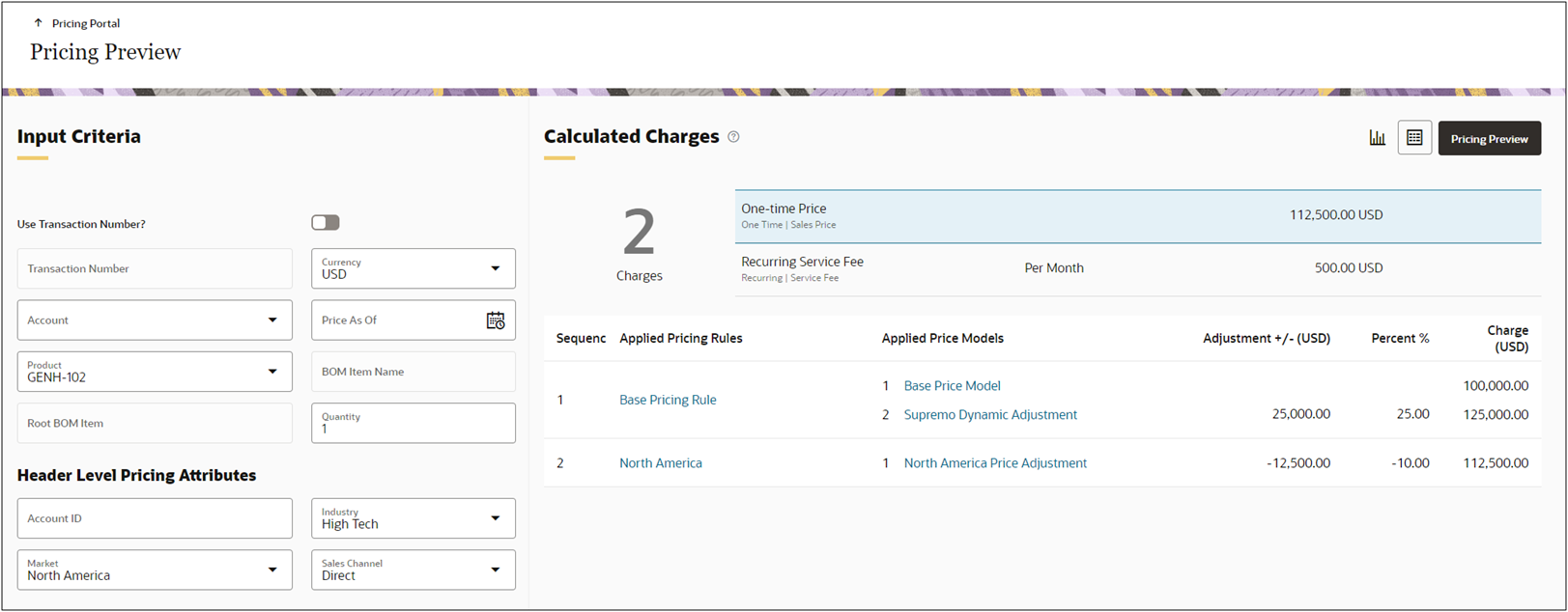 Pricing Preview for Products with Contextual Data - Table View