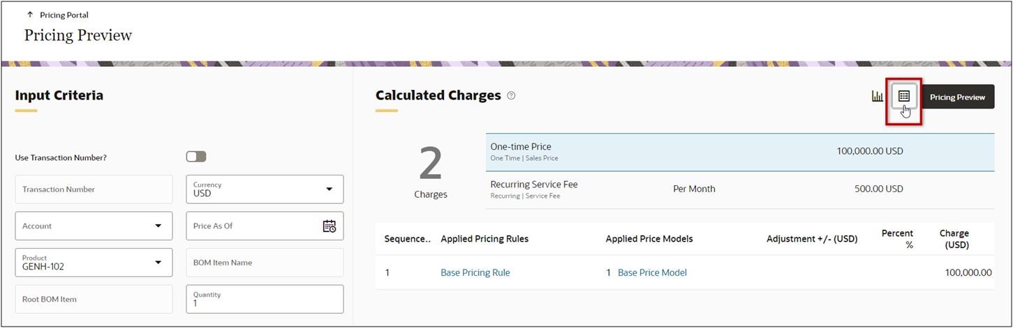 Pricing Preview for Products Table