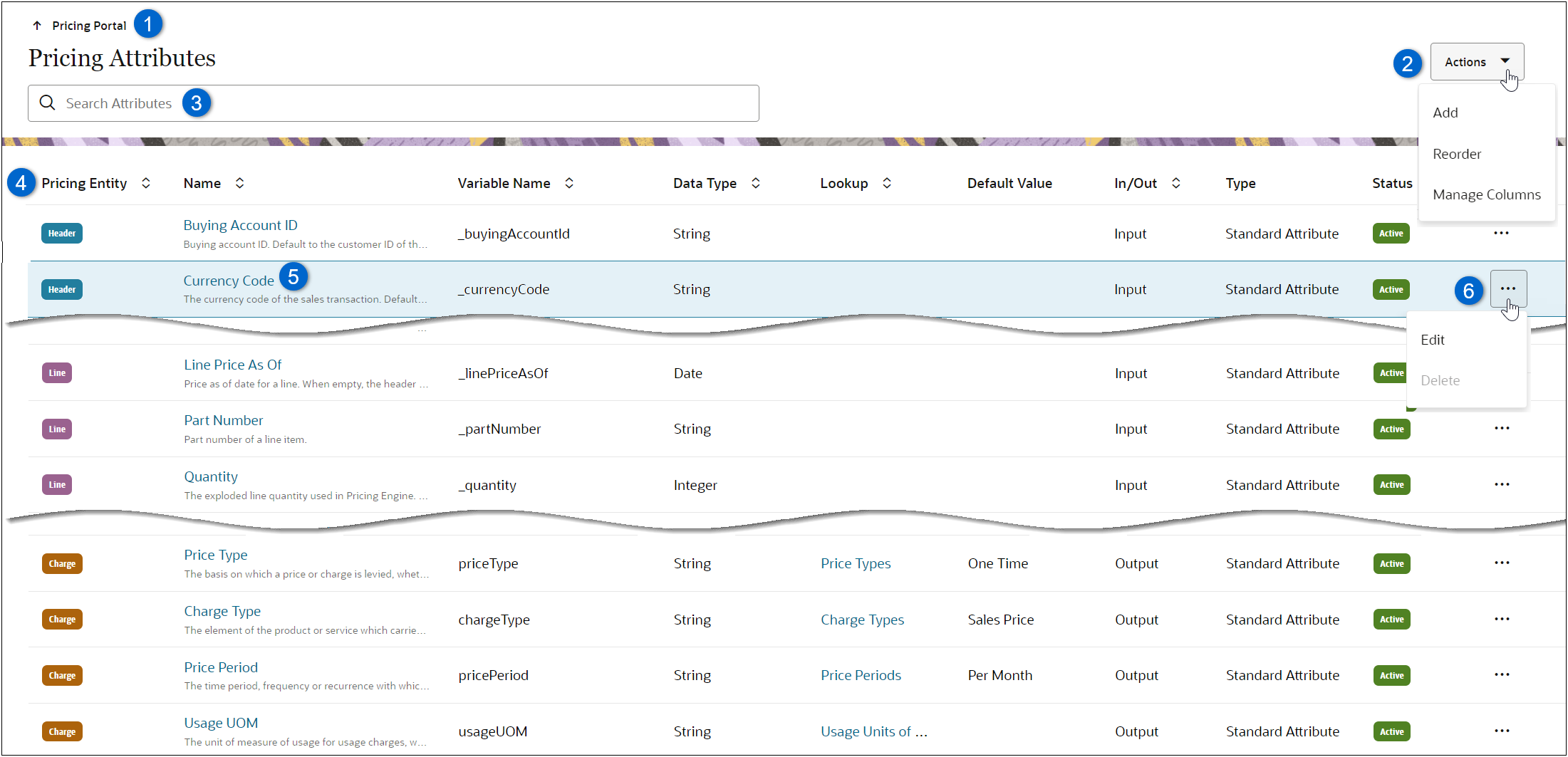 Pricing Attributes list page