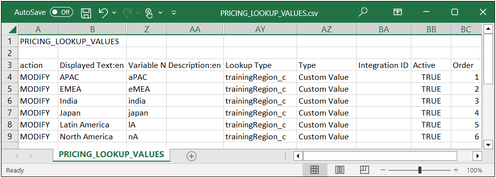 Pricing Lookup Values CSV file