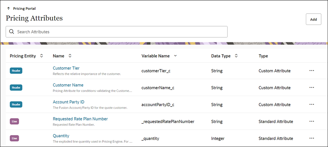 Pricing Attributes list page