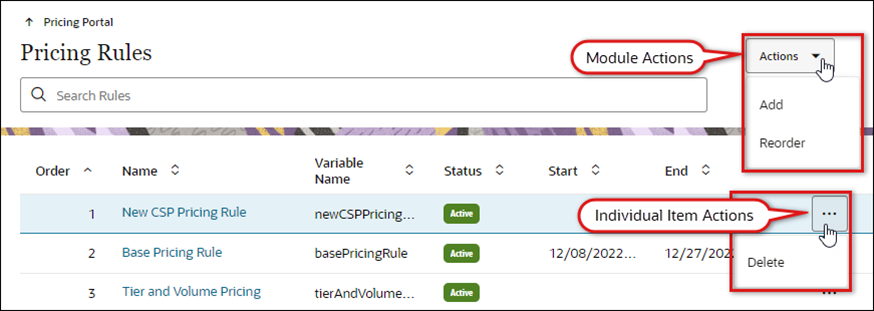 Pricing Rules page actions