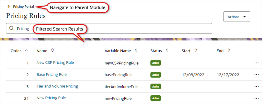 Pricing Rules page search and navigate