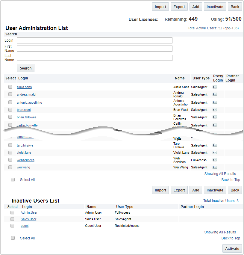 User Administration List page