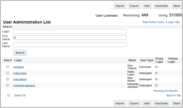 User Administration List Search