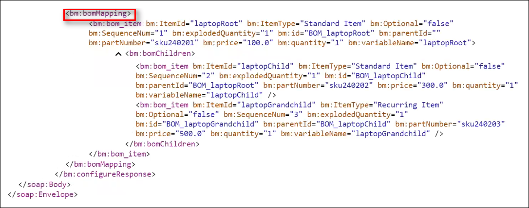 Sample Response with "bomMapping" Section