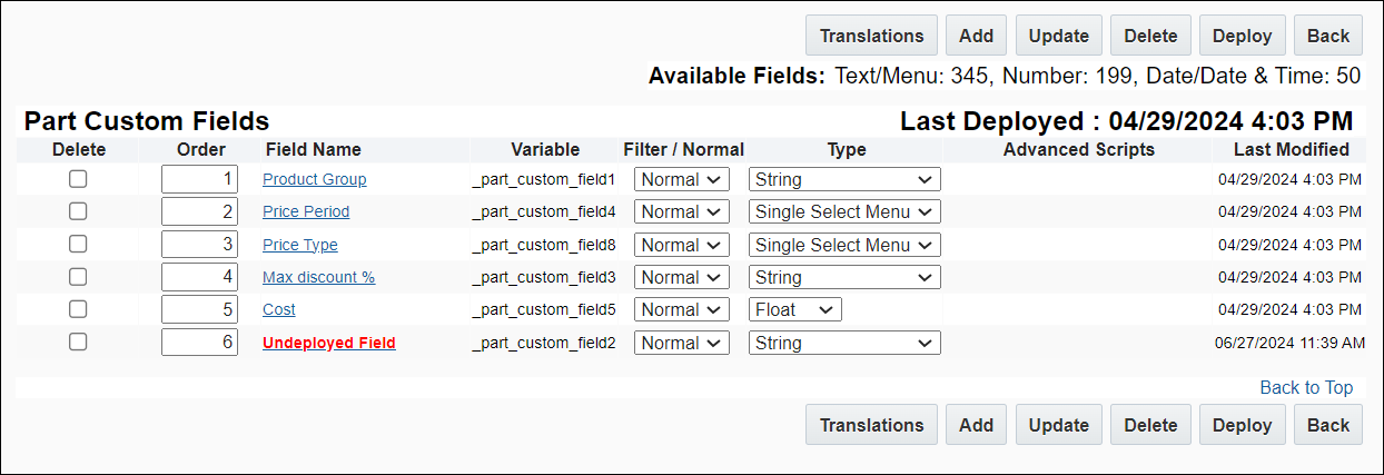 Part Custom Fields page