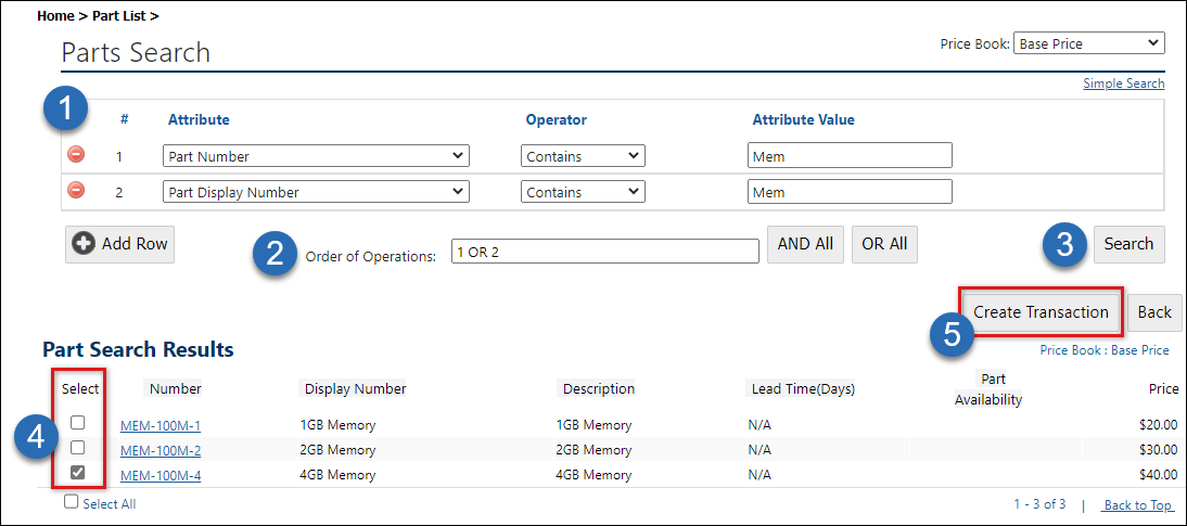 Create Transaction from Advanced Parts Search