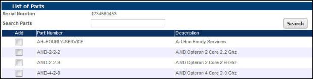 List of Parts page