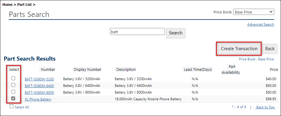 Create Transaction from simple parts search