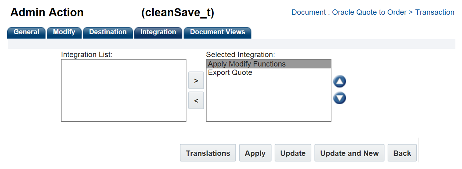 Action Integrations tab