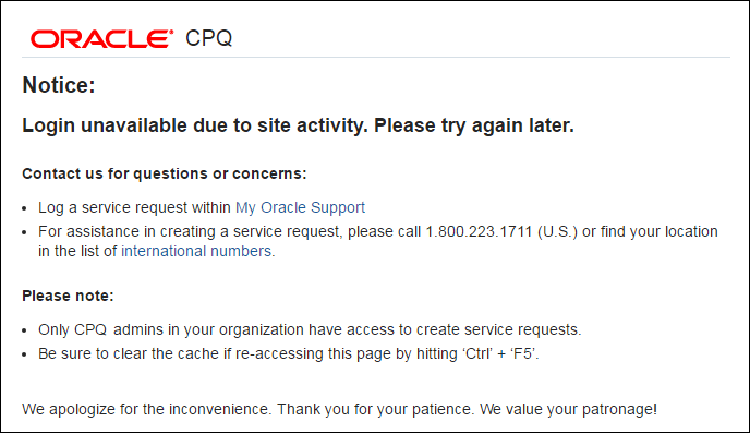 Login unavailable message