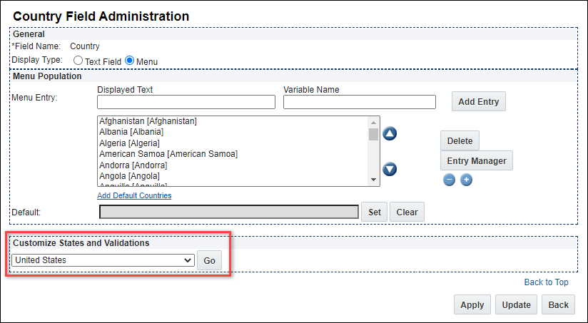 Country Field Administration page