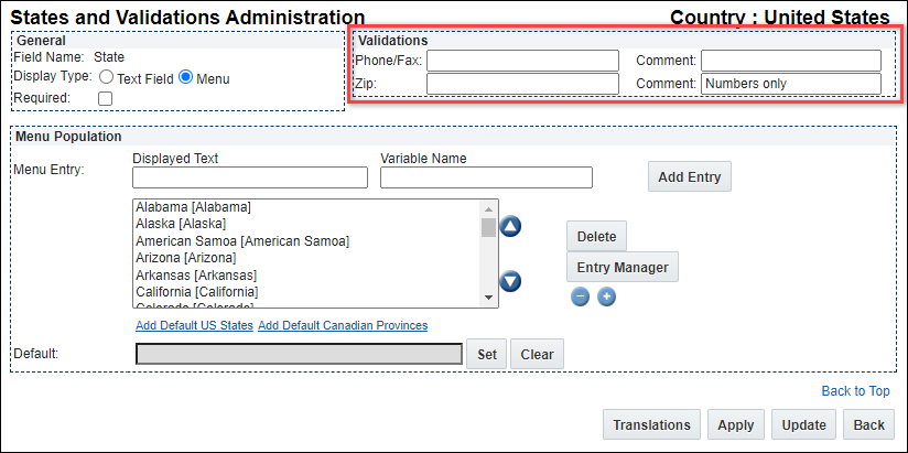 State and Validations Administration page