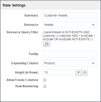 Table Settings panel