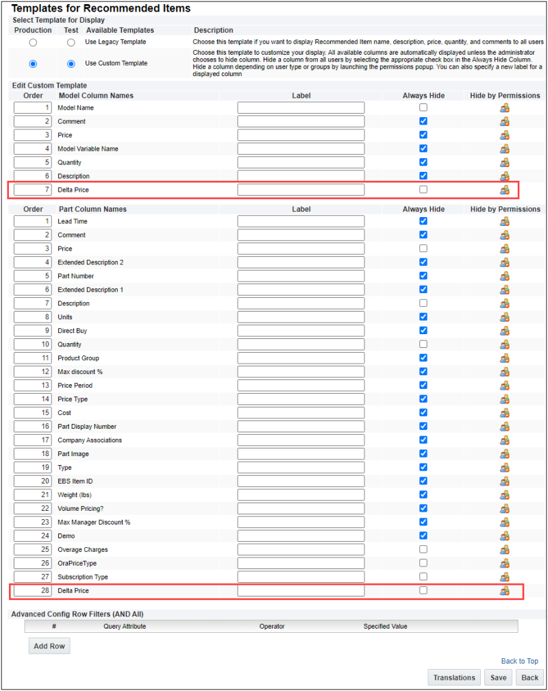 Templates for Recommended Items - Delta Price option