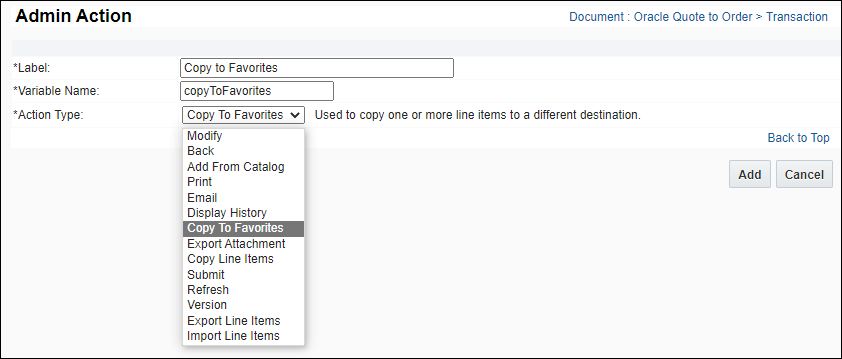 Admin Action page, select Action Type