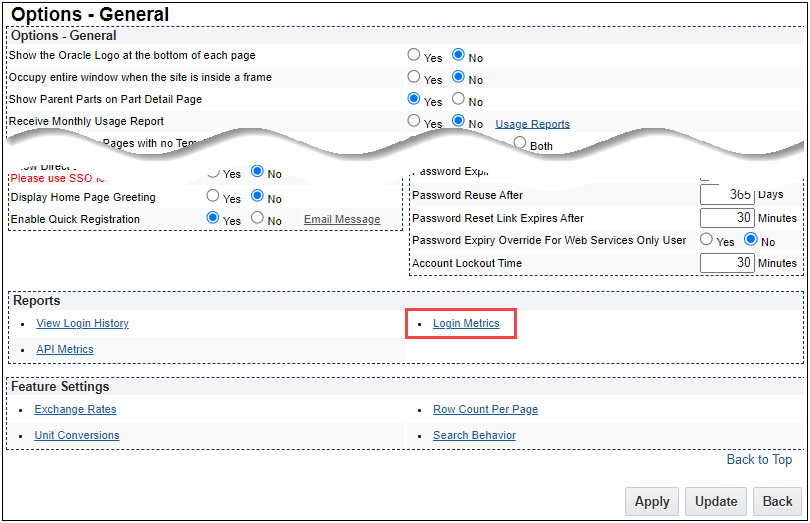 Login Metrics General Options