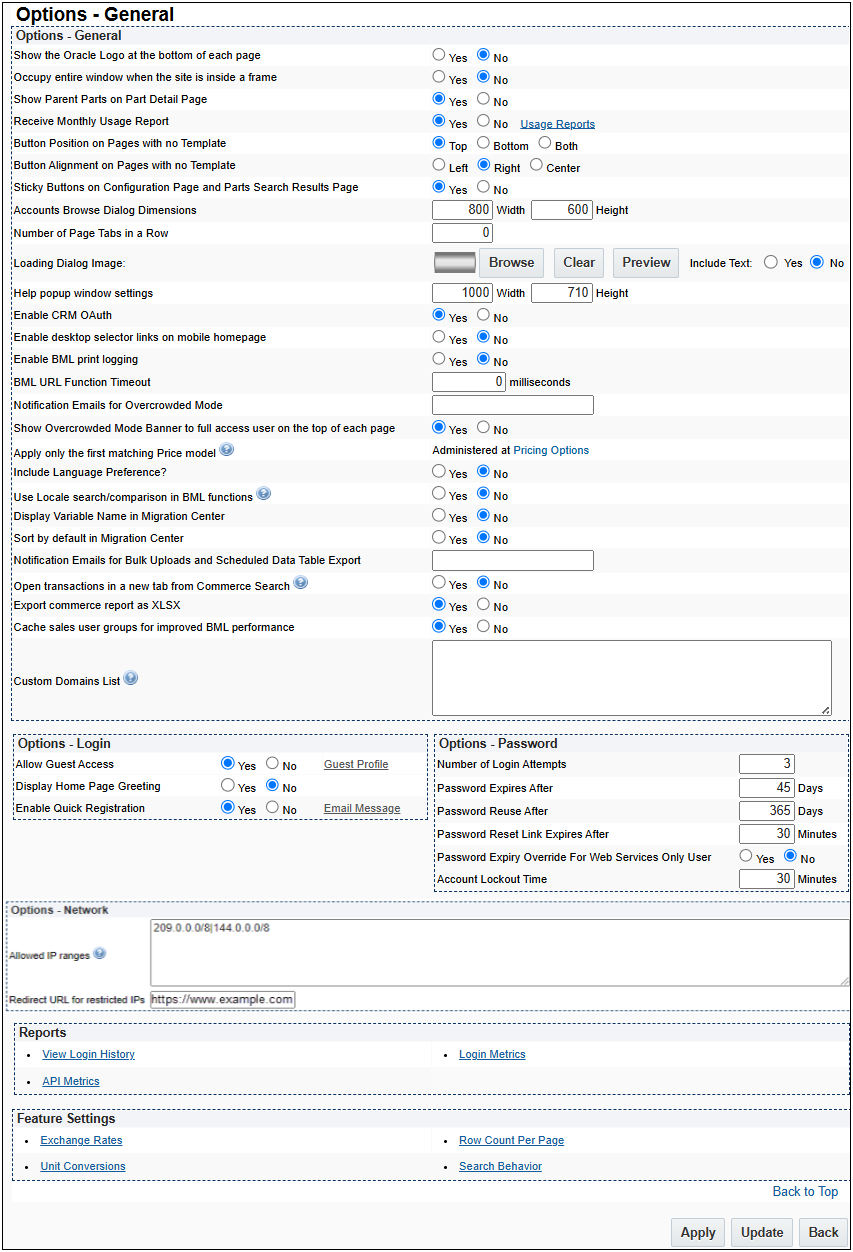 General Options page