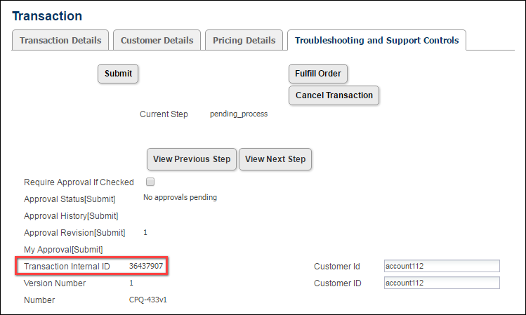 Transaction ID on Transaction "Troubleshooting and Support Controls" tabl